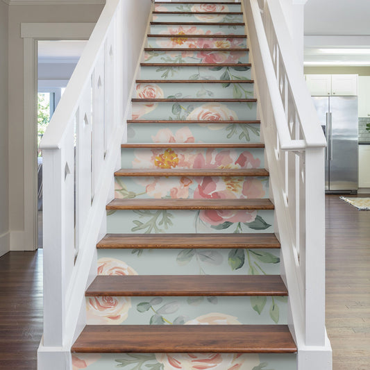 15 PCS Peel and Stick Flower Stair Stickers, Self Adhesive Vinyl Stair Risers Decals, Staircase Murals Decor for Steps, 39.37'x7.09' Water Color Rose