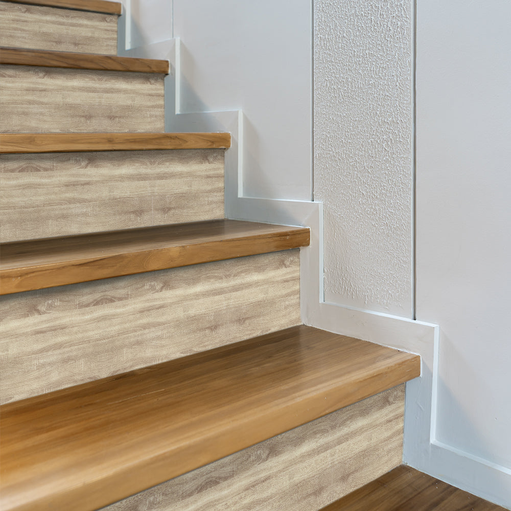 Camphor Wood Stripe Stair Sticker, Peel and Stick Staircase Decals, Self-Adhesive Waterproof Stair Riser Stickers, 7.87'x118.1'