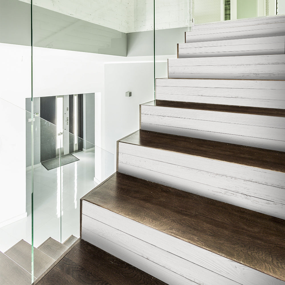 White Wood Stripe Stair Sticker, Peel and Stick Staircase Decals, Self-Adhesive Stair Riser Stickers