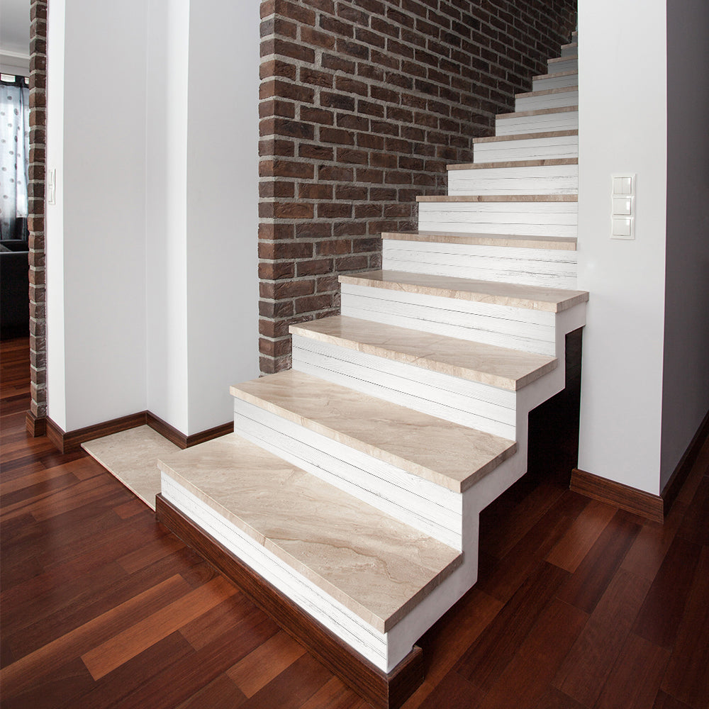 White Wood Stripe Stair Sticker, Peel and Stick Staircase Decals, Self-Adhesive Stair Riser Stickers