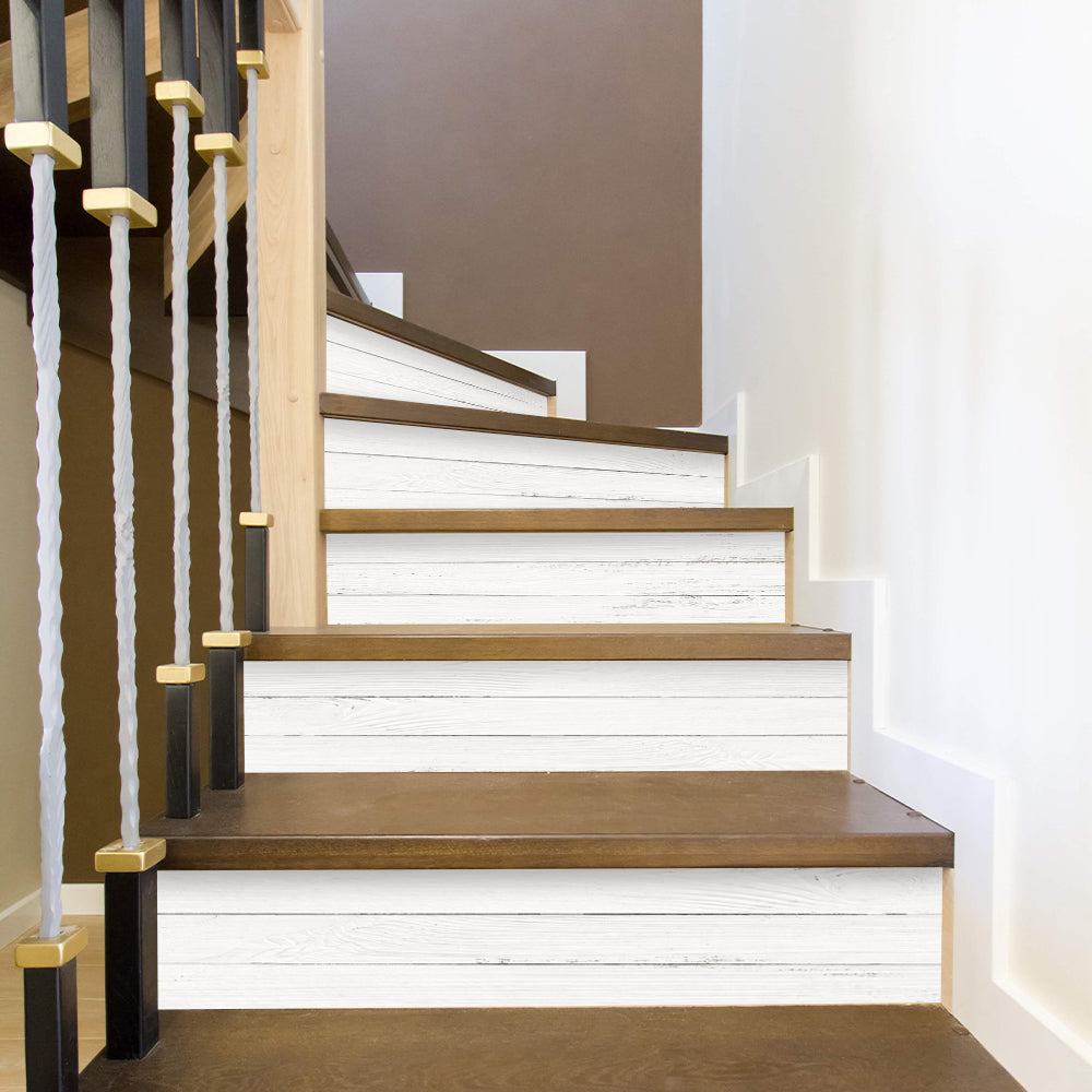 White Wood Stripe Stair Sticker, Peel and Stick Staircase Decals, Self-Adhesive Stair Riser Stickers