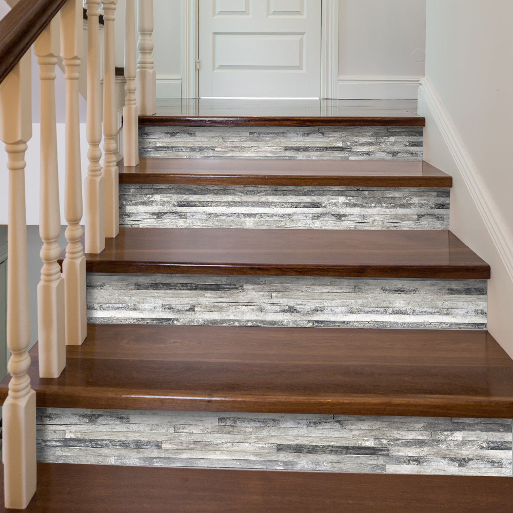 Gray Wood Stripe Stair Sticker, Peel and Stick Staircase Decals, Self-Adhesive Waterproof Stair Riser Stickers, 7.08'x39.37'