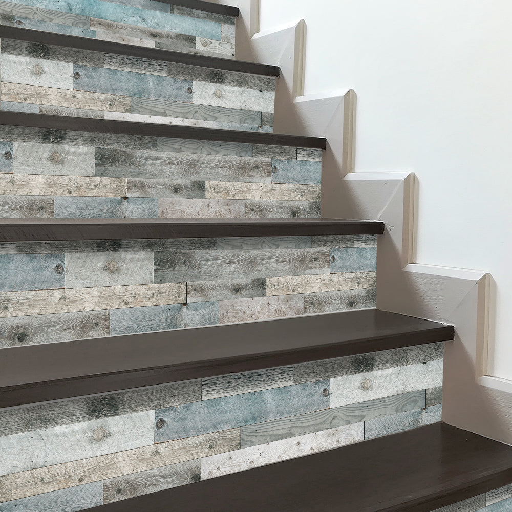 Blue Wood Stripe Stair Sticker, Peel and Stick Staircase Decals, Self-Adhesive Stair Riser Stickers