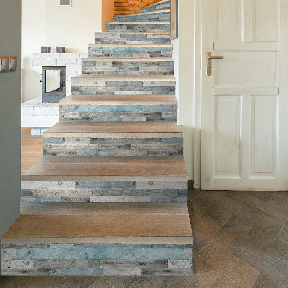 Blue Wood Stripe Stair Sticker, Peel and Stick Staircase Decals, Self-Adhesive Stair Riser Stickers
