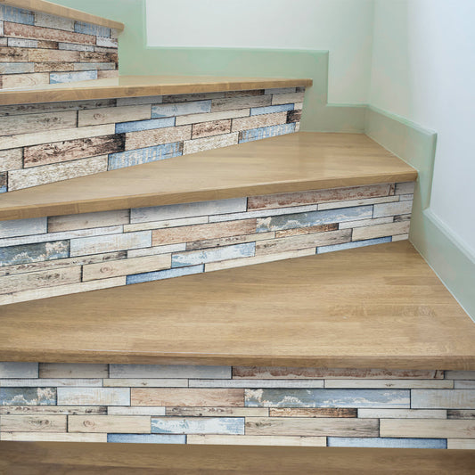 Azure Wood Stripe Stair Sticker, Peel and Stick Staircase Decals, Self-Adhesive Waterproof Stair Riser Stickers, 7.08'x39.37'
