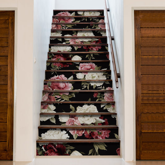 15 PCS Peel and Stick Flower Stair Stickers, Self Adhesive Vinyl Stair Risers Decals, Staircase Murals Decor for Steps, 39.37'x7.09' Vintage Peony