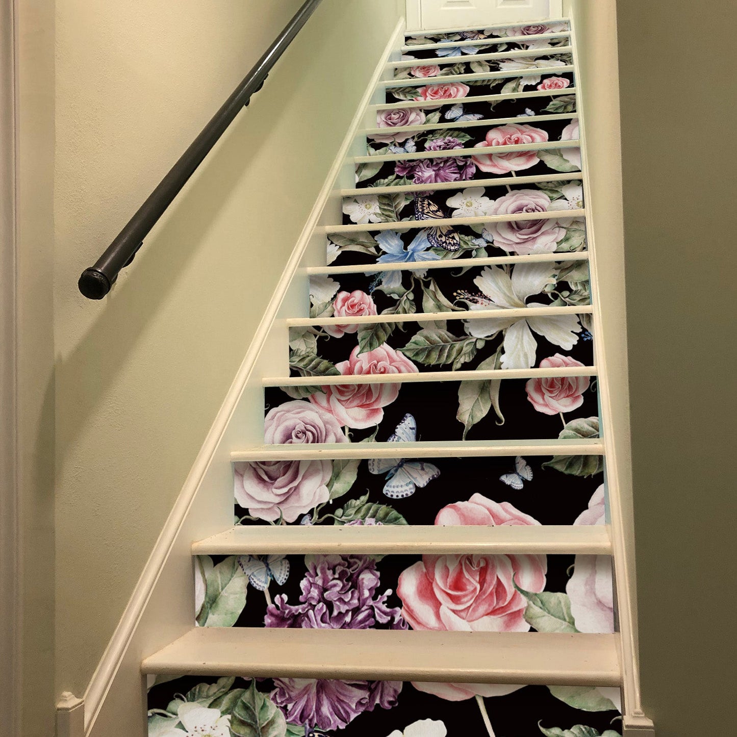 15 PCS Peel and Stick Flower Stair Stickers, Self Adhesive Vinyl Stair Risers Decals, Staircase Murals Decor for Steps, 39.37'x7.09' Painted Rose