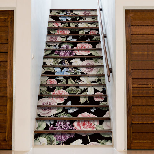 15 PCS Peel and Stick Flower Stair Stickers, Self Adhesive Vinyl Stair Risers Decals, Staircase Murals Decor for Steps, 39.37'x7.09' Painted Rose