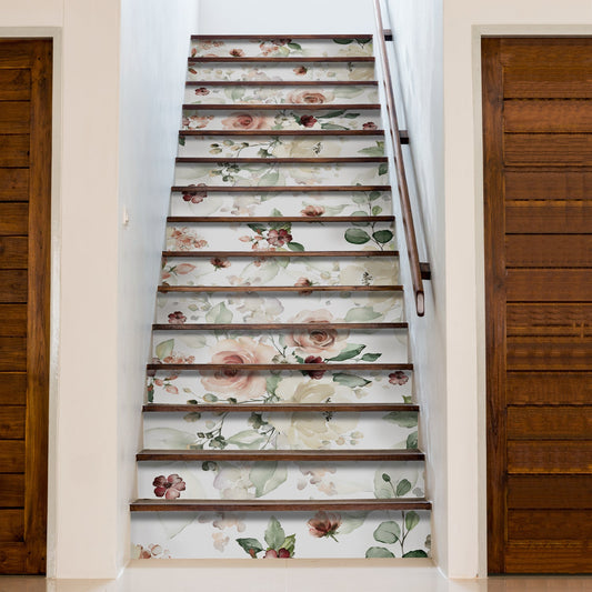 15 PCS Peel and Stick Flower Stair Stickers, Self Adhesive Vinyl Stair Risers Decals, Staircase Murals Decor for Steps, 39.37'x7.09' Water Color Rose