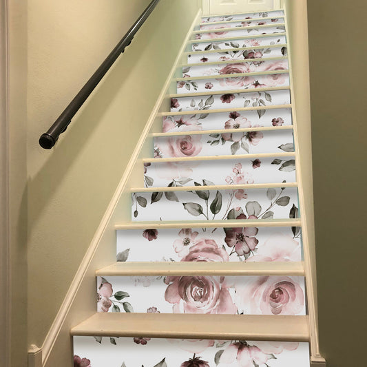 15 PCS Peel and Stick Flower Stair Stickers, Self Adhesive Vinyl Stair Risers Decals, Staircase Murals Decor for Steps, 39.37'x7.09' Water Color Rose