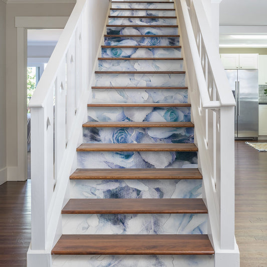15 PCS Peel and Stick Flower Stair Stickers, Self Adhesive Vinyl Stair Risers Decals, Staircase Murals Decor for Steps, 39.37'x7.09' Blue Rose