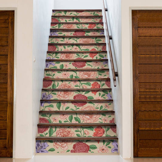 15 PCS Peel and Stick Flower Stair Stickers, Self Adhesive Vinyl Stair Risers Decals, Staircase Murals Decor for Steps, 39.37'x7.09' Retro Rose