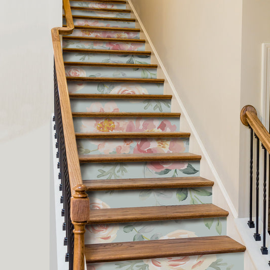 15 PCS Peel and Stick Flower Stair Stickers, Self Adhesive Vinyl Stair Risers Decals, Staircase Murals Decor for Steps, 39.37'x7.09' Water Color Rose