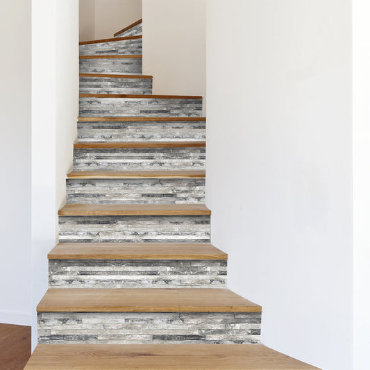 Gray Wood Stripe Stair Sticker, Peel and Stick Staircase Decals, Self-Adhesive Waterproof Stair Riser Stickers, 7.08'x39.37'