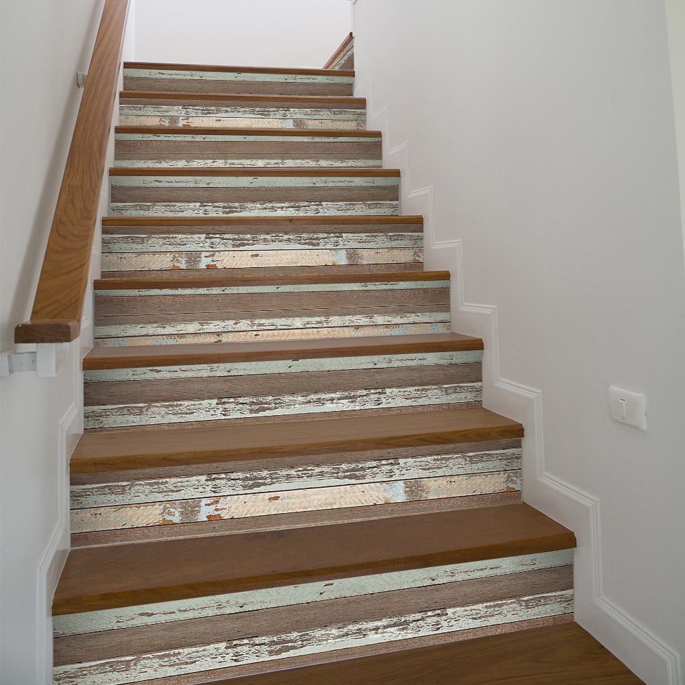 Pink Blue Wood Stripe Stair Sticker, Peel and Stick Staircase Decals, Self-Adhesive Waterproof Stair Riser Stickers, 7.08'x39.37'