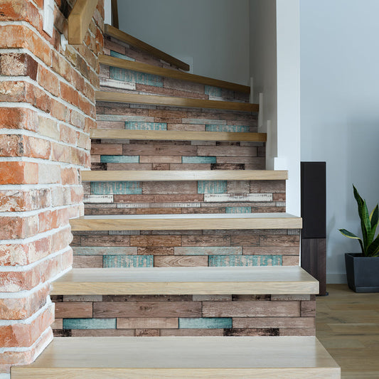 Sea Blue Wood Stripe Stair Sticker, Peel and Stick Staircase Decals, Self-Adhesive Waterproof Stair Riser Stickers, 7.08'x39.37'
