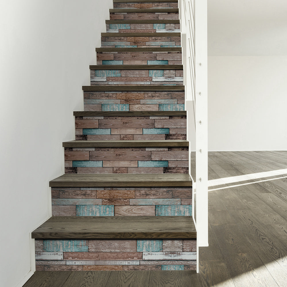 Sea Blue Wood Stripe Stair Sticker, Peel and Stick Staircase Decals, Self-Adhesive Waterproof Stair Riser Stickers, 7.08'x39.37'