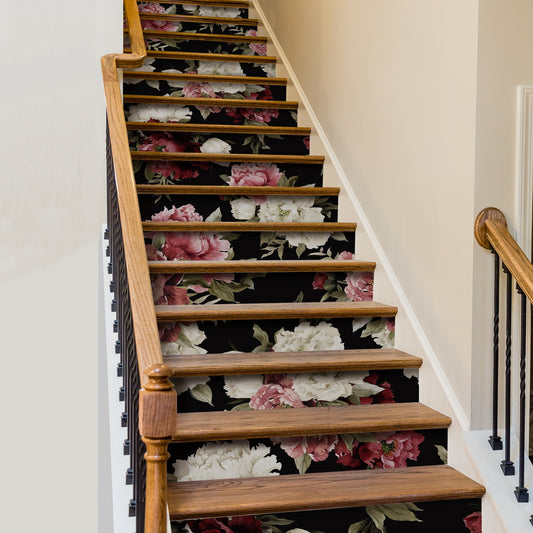 15 PCS Peel and Stick Flower Stair Stickers, Self Adhesive Vinyl Stair Risers Decals, Staircase Murals Decor for Steps, 39.37'x7.09' Vintage Peony