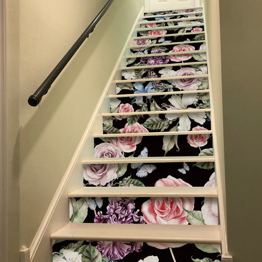 15 PCS Peel and Stick Flower Stair Stickers, Self Adhesive Vinyl Stair Risers Decals, Staircase Murals Decor for Steps, 39.37'x7.09' Painted Rose