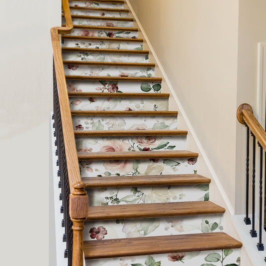 15 PCS Peel and Stick Flower Stair Stickers, Self Adhesive Vinyl Stair Risers Decals, Staircase Murals Decor for Steps, 39.37'x7.09' Water Color Rose