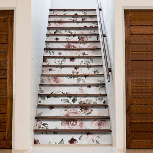 15 PCS Peel and Stick Flower Stair Stickers, Self Adhesive Vinyl Stair Risers Decals, Staircase Murals Decor for Steps, 39.37'x7.09' Water Color Rose