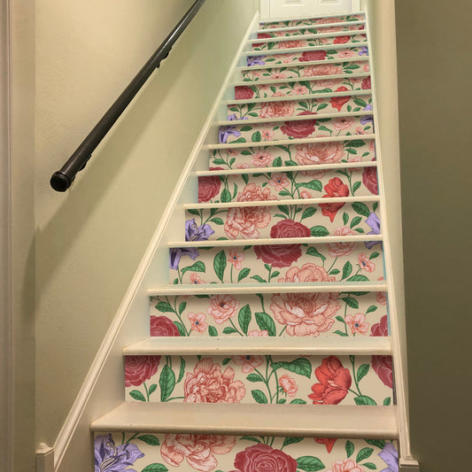 15 PCS Peel and Stick Flower Stair Stickers, Self Adhesive Vinyl Stair Risers Decals, Staircase Murals Decor for Steps, 39.37'x7.09' Retro Rose