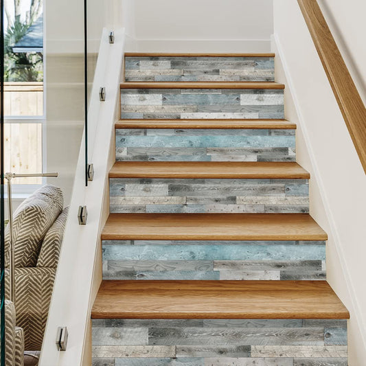 Blue Wood Stripe Stair Sticker, Peel and Stick Staircase Decals, Self-Adhesive Stair Riser Stickers